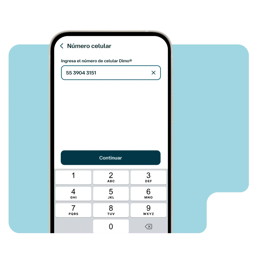 Pantalla de la app Banamex para ingresar el número celular asociado a DiMo® y realizar una transferencia inmediata desde el móvil.