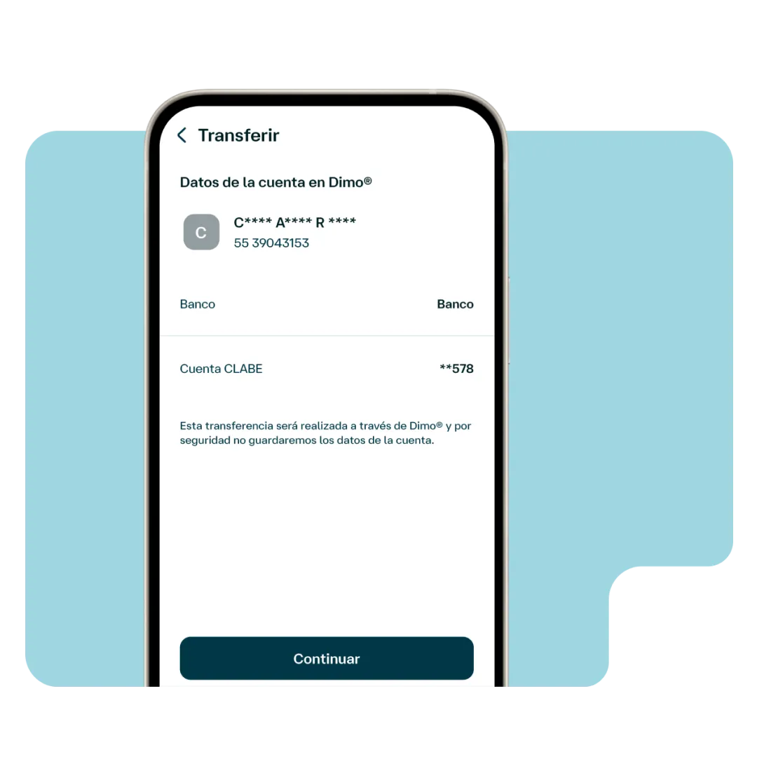 Pantalla de la app Banamex con datos de una cuenta registrada en DiMo®, mostrando número celular vinculado y cuenta CLABE destino.