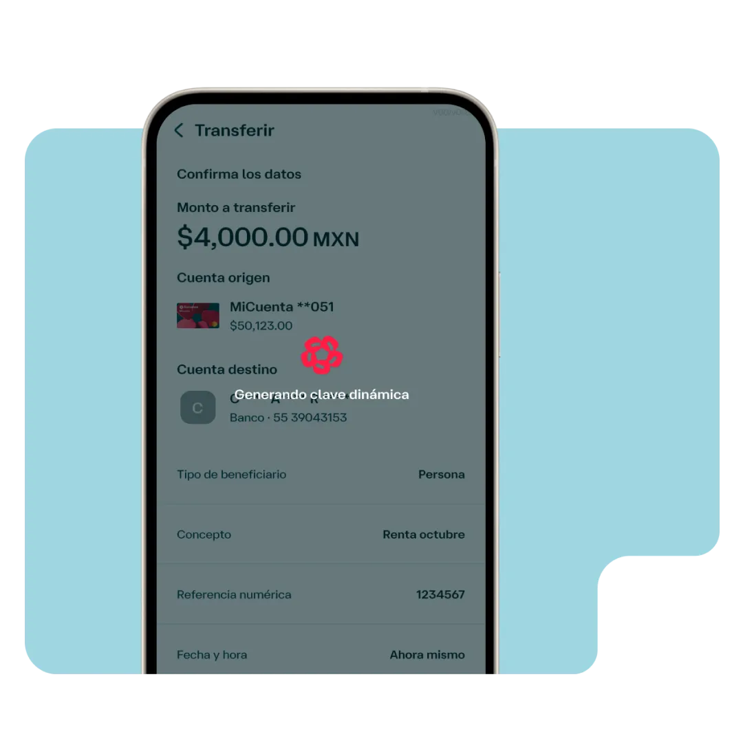 Pantalla de la app Banamex generando una clave dinámica para autorizar de forma segura una transferencia realizada mediante DiMo®.
