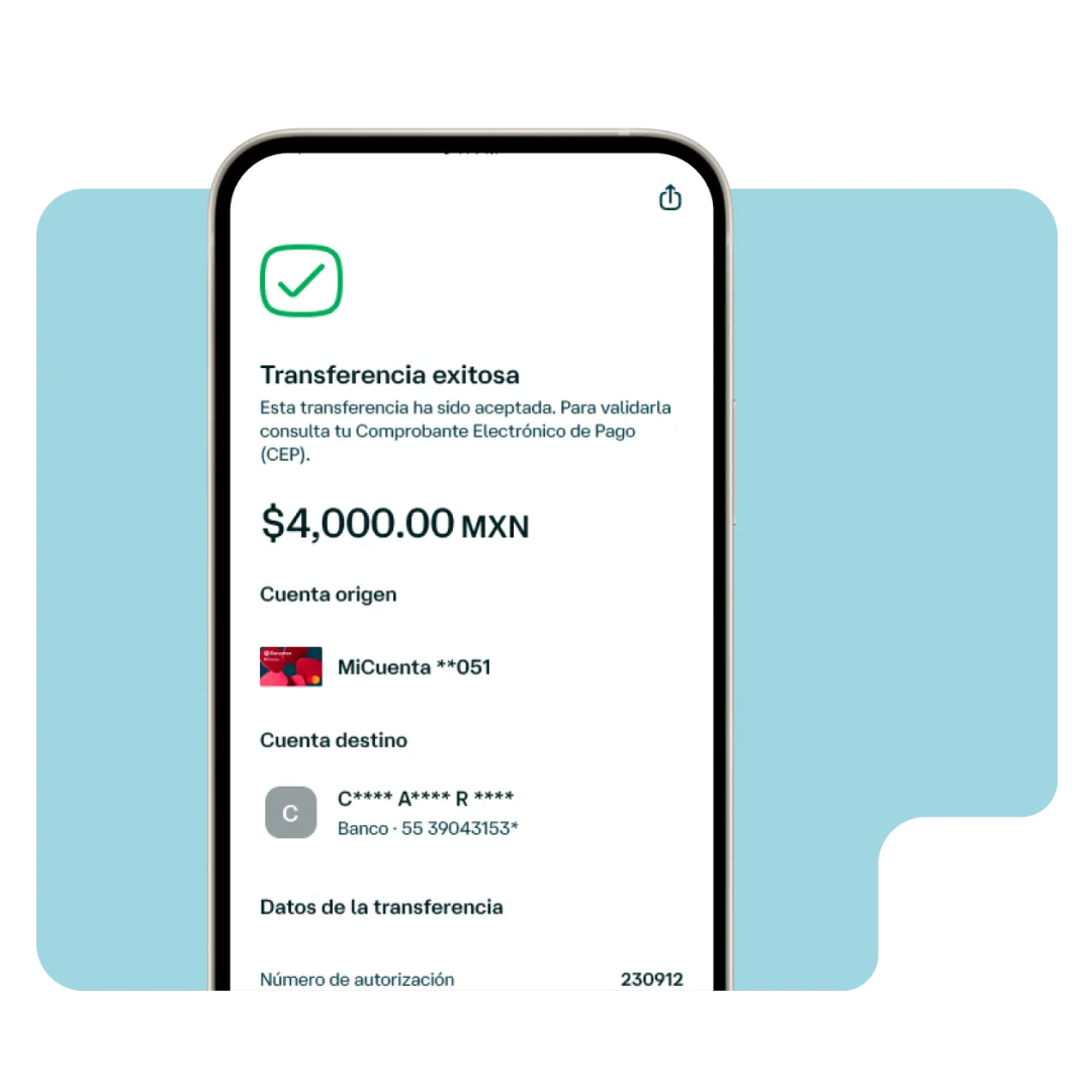 Pantalla de la app Banamex con confirmación de transferencia exitosa vía DiMo®, mostrando monto enviado, cuenta origen y destinatario.