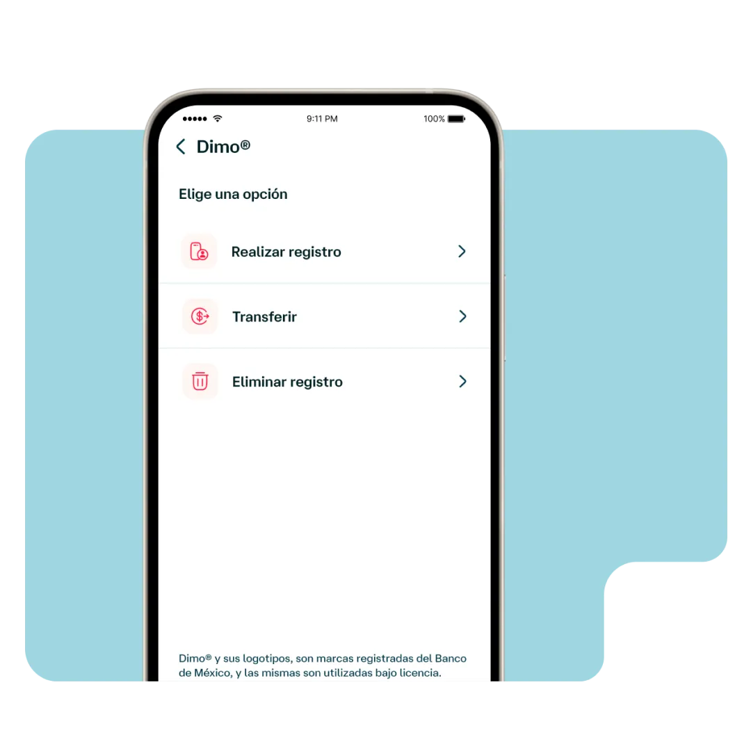 Pantalla de la app Banamex en la sección DiMo®, con opciones para registrar un número celular, transferir dinero o eliminar un registro.