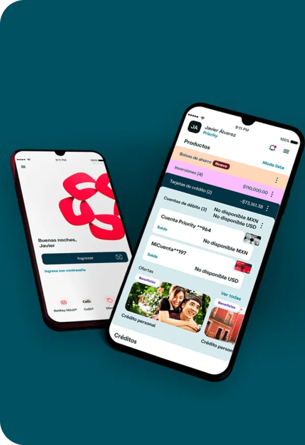 Pantallas de la app Banamex mostrando el acceso seguro y el panel principal con cuentas, inversiones, tarjetas y productos financieros.