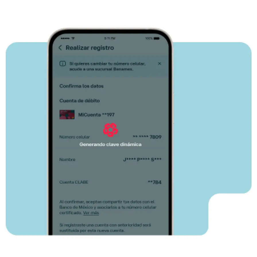 Pantalla de la app Banamex generando una clave dinámica para confirmar de forma segura el registro de una cuenta y número celular.