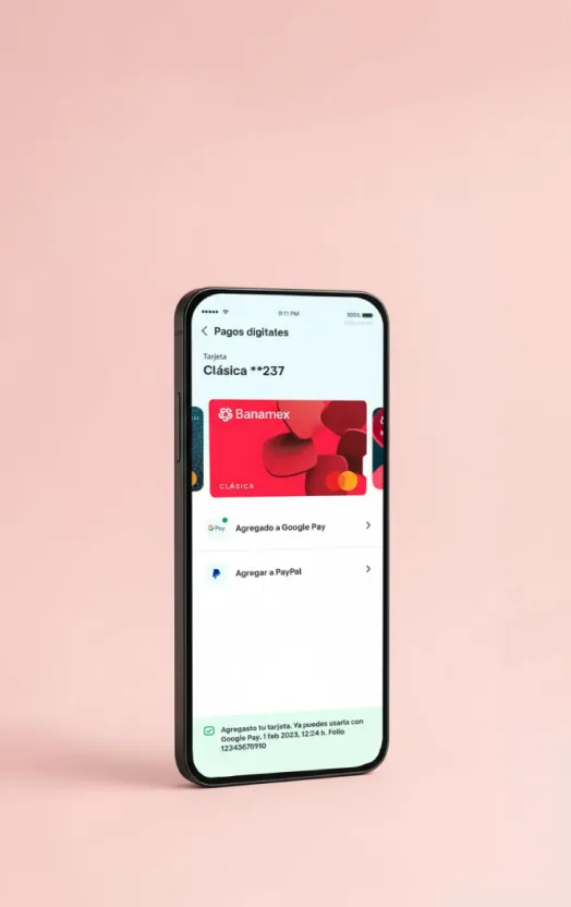 Un celular mostrando la app de Banamex en la sección de pago sin contacto.