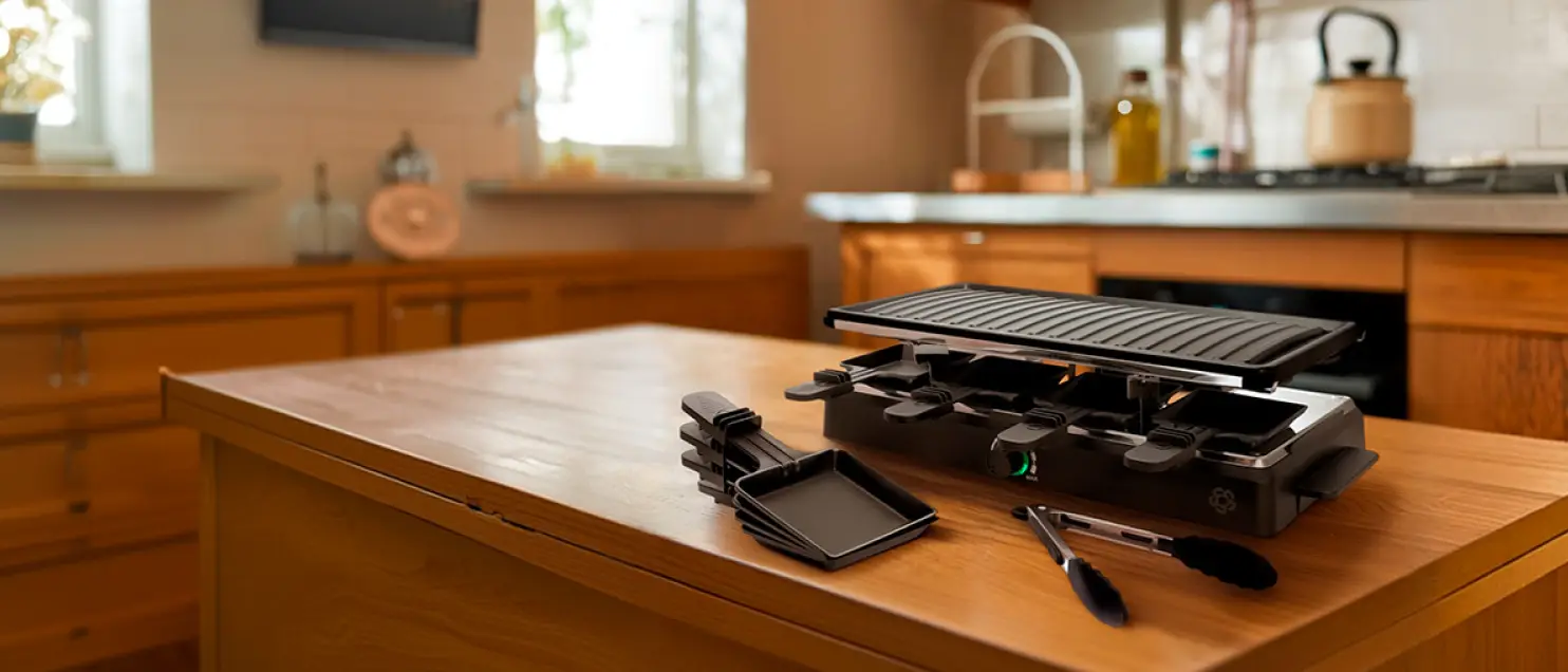 Parrilla eléctrica tipo raclette sobre una mesa de cocina, con accesorios para cocinar y compartir alimentos en reuniones familiares.