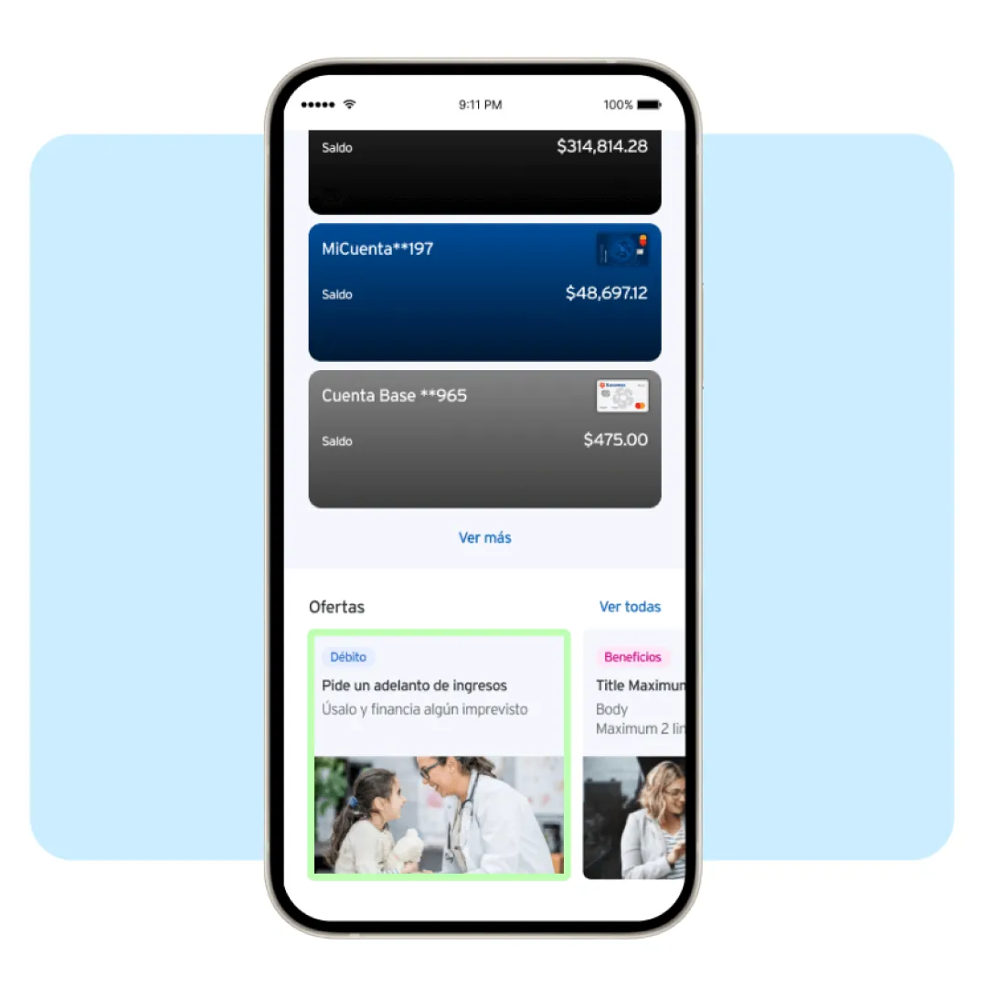 Pantalla de la app Banamex con resumen de cuentas, saldos disponibles y ofertas personalizadas para administrar productos financieros.