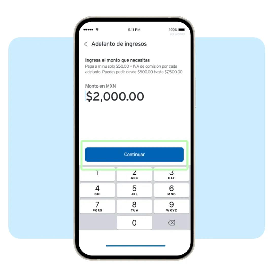 Pantalla de la app Banamex para solicitar un adelanto de ingresos, mostrando el monto seleccionado y la opción para continuar.