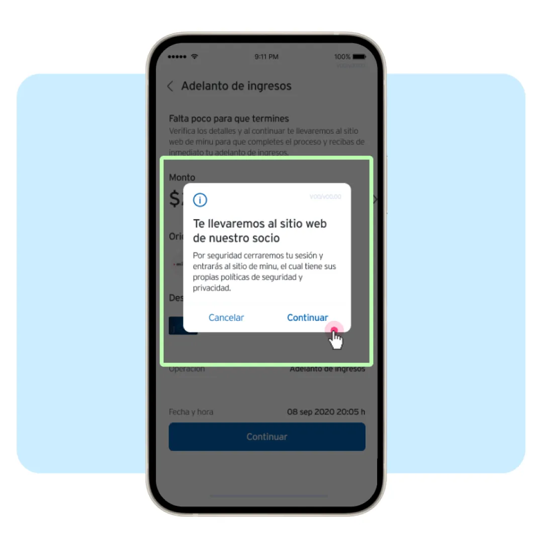 Pantalla de la app Banamex mostrando un aviso de seguridad antes de continuar al sitio de un aliado para solicitar un adelanto de ingresos.