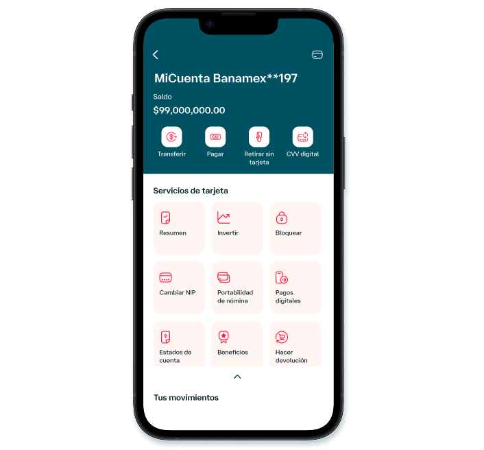Pantalla de la app Banamex MiCuenta con saldo disponible y acceso a transferencias, pagos, retiro sin tarjeta e inversiones digitales.
