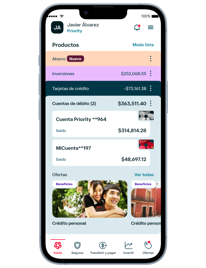 Pantalla principal de la app Banamex Priority con cuentas, inversiones, tarjetas y acceso a beneficios para administrar productos financieros.