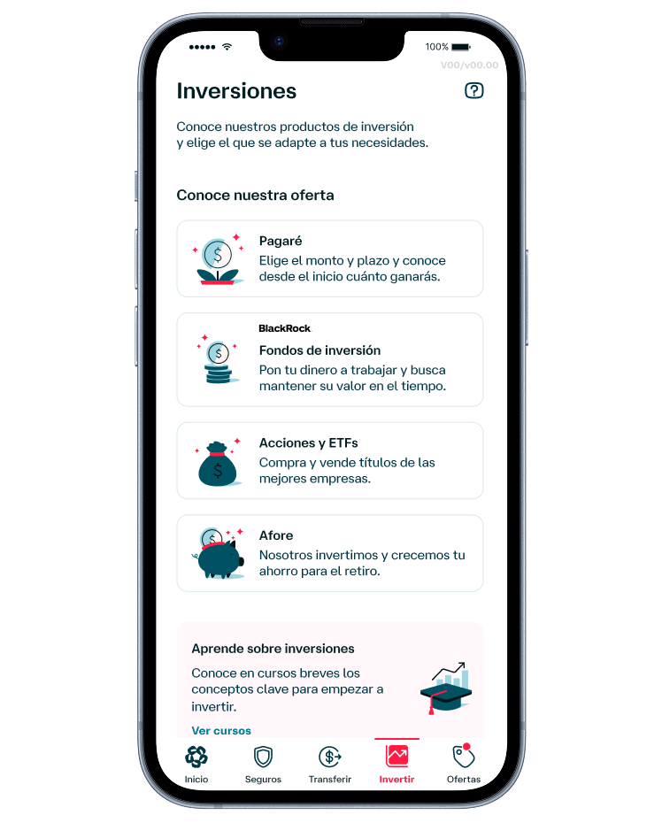 Pantalla de la app Banamex con opciones de inversión, incluyendo pagarés, fondos de inversión, acciones, ETFs y ahorro para el retiro.