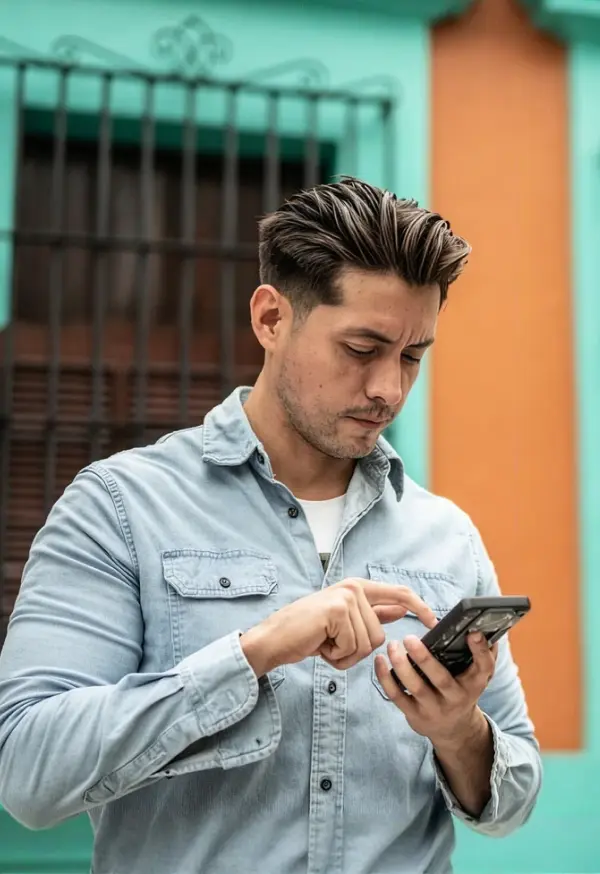 Persona utilizando un teléfono móvil frente a una fachada colorida, representando el acceso a servicios financieros digitales, pagos y gestión de cuentas mediante Banamex Móvil.