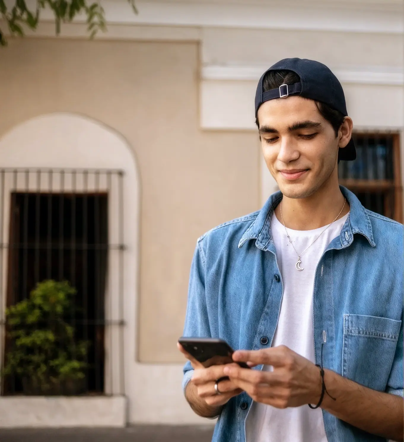 Persona usando un teléfono móvil al aire libre, representando el acceso sencillo a servicios financieros digitales y Banamex Móvil.