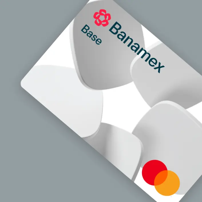 Tarjeta Banamex Base Mastercard sobre fondo con formas geométricas, representando una opción de crédito para compras y pagos diarios.