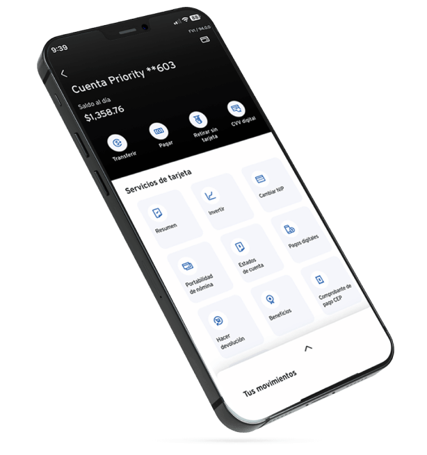 Pantalla de Banamex Móvil mostrando una Cuenta Priority, saldo disponible y accesos rápidos a servicios financieros desde la app.