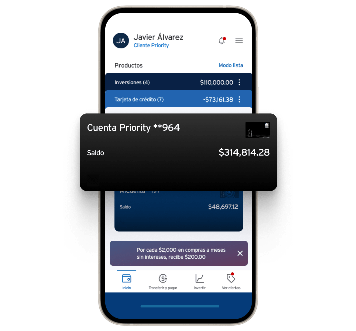 App Banamex Móvil mostrando una Cuenta Priority con saldo disponible y acceso a inversiones, tarjetas y ofertas desde el celular.