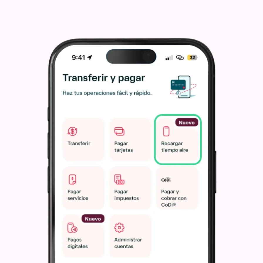 Pantalla de un celular mostrando la App Banamex y enfocando el botón de recargar tiempo aire.