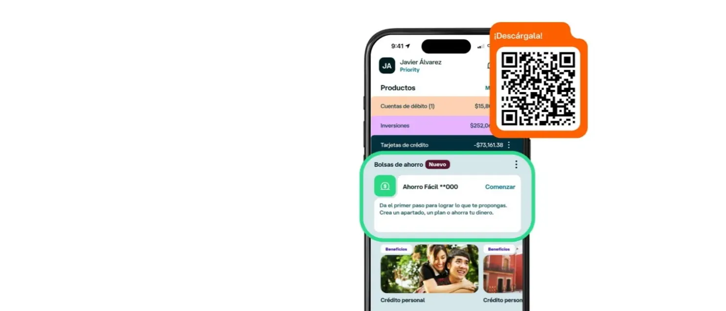Pantalla de la aplicación Banamex Móvil mostrando la función Bolsas de ahorro y un código QR para descargar la app, diseñada para ayudar a alcanzar metas de ahorro personal.
