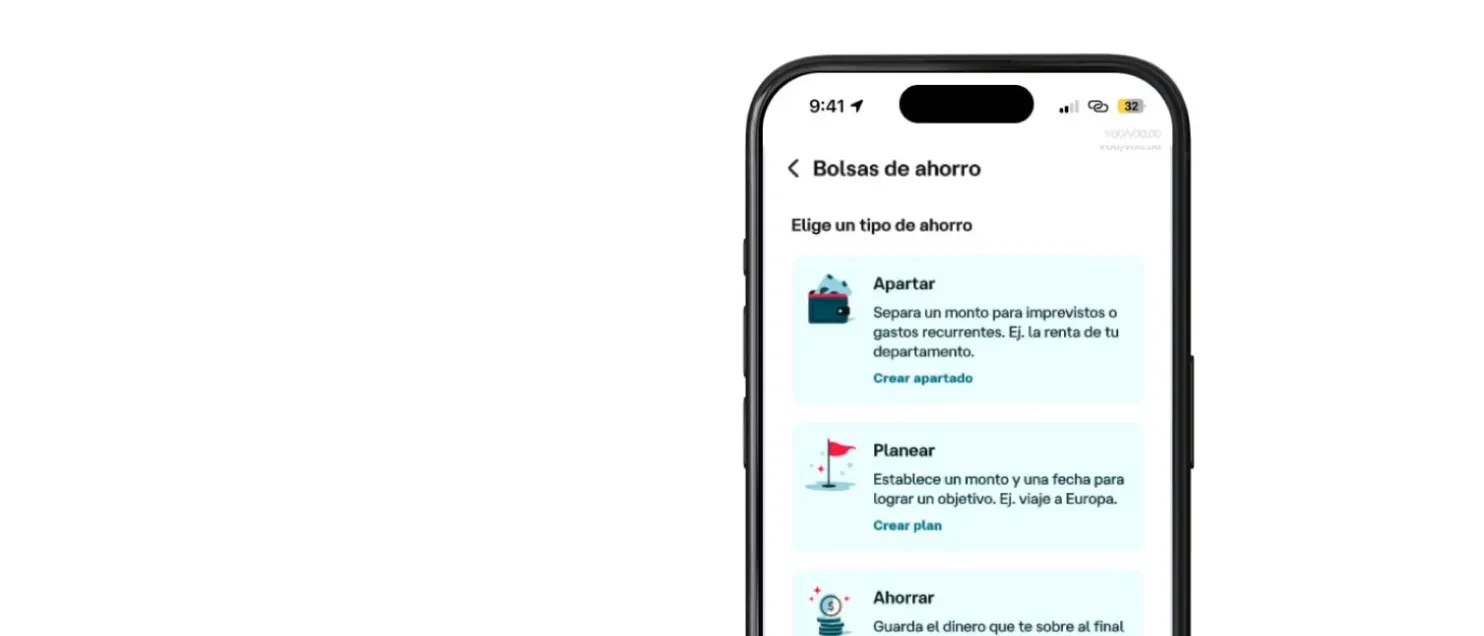 Pantalla de Banamex Móvil mostrando la función Bolsas de ahorro, con opciones para apartar dinero, planear metas financieras y crear hábitos de ahorro desde la aplicación.