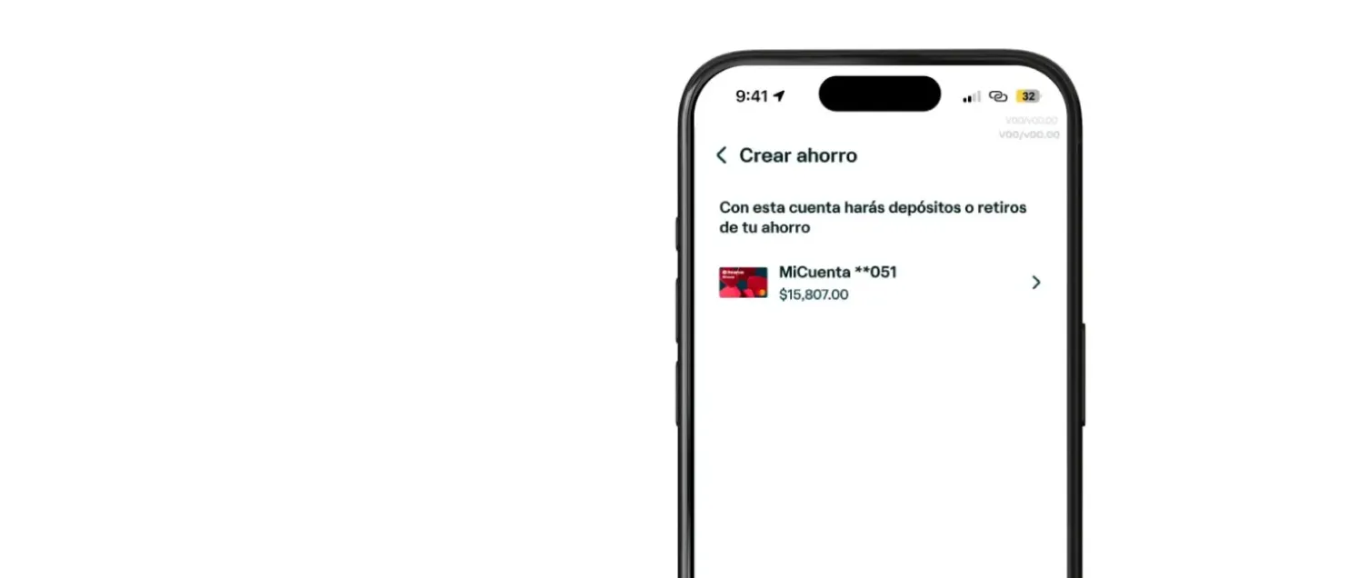 Pantalla de Banamex Móvil para crear una meta de ahorro, mostrando la selección de una cuenta desde la cual realizar depósitos y administrar recursos de forma digital.
