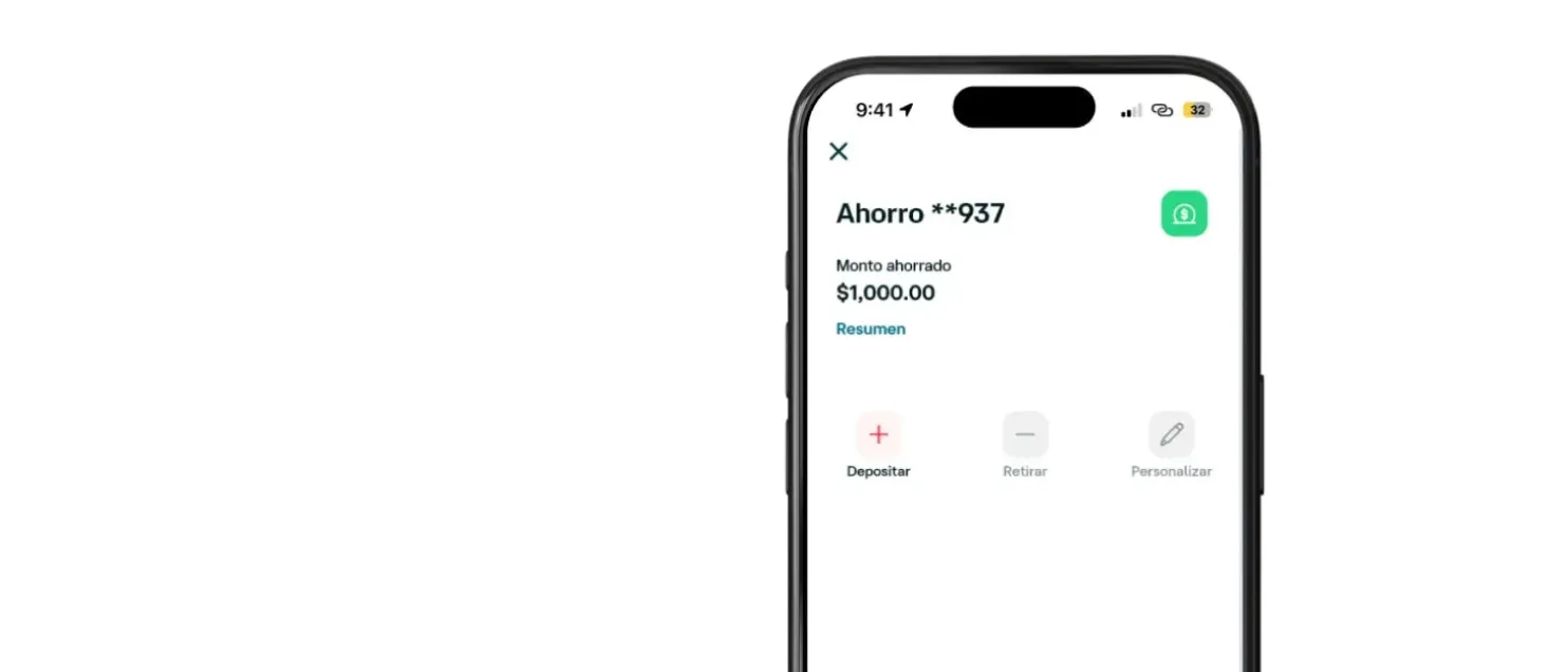 Pantalla de Banamex Móvil mostrando una Bolsa de ahorro con saldo acumulado y opciones para depositar, retirar o personalizar metas de ahorro desde la aplicación.
