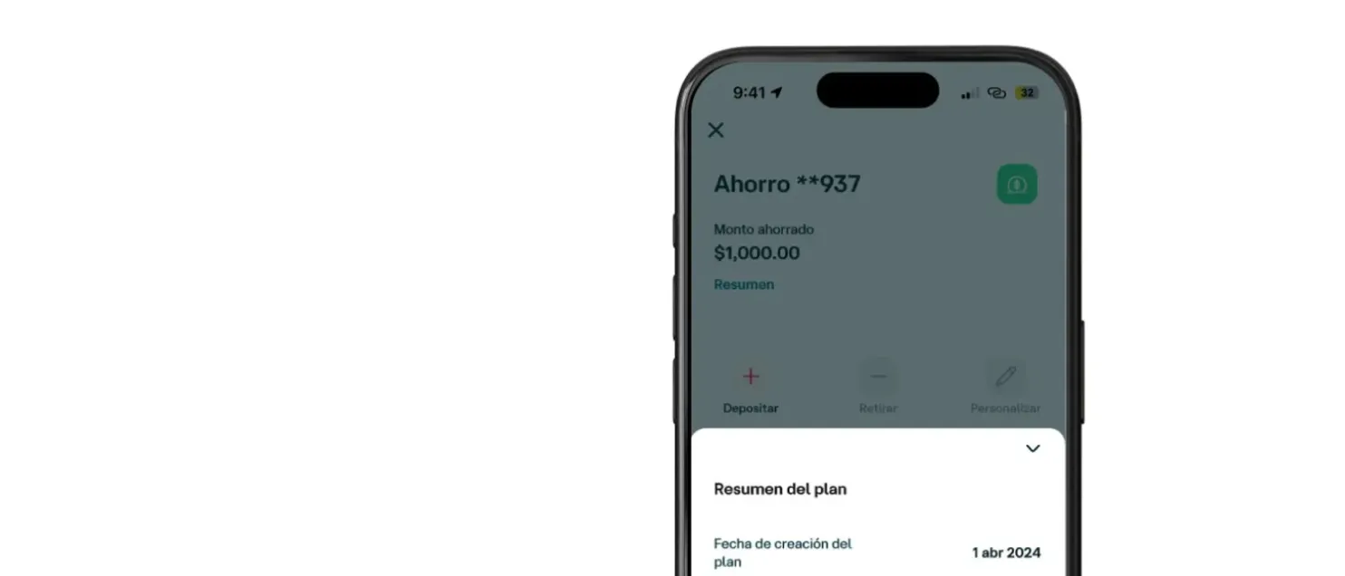 Pantalla de Banamex Móvil mostrando el resumen de una Bolsa de ahorro, con monto acumulado, fecha de creación y detalles del plan para monitorear el progreso de una meta financiera.