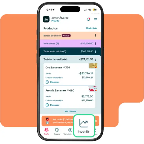 Pantalla de la app Banamex mostrando productos financieros, tarjetas, inversiones y acceso destacado a la sección Invertir.