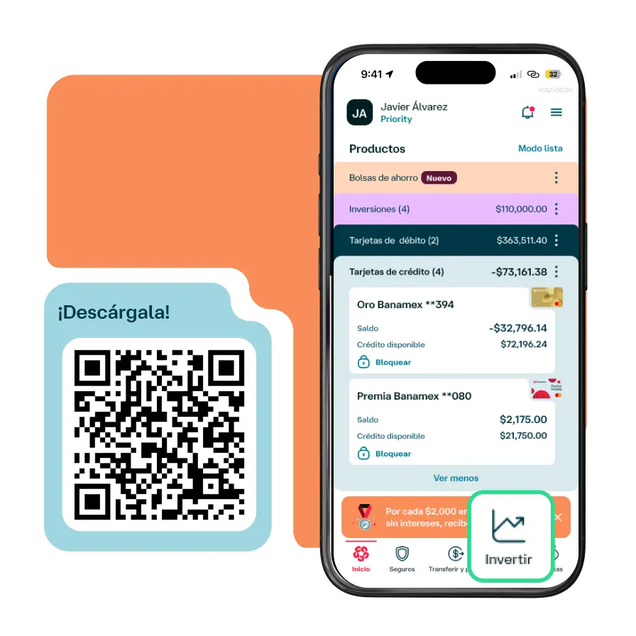 Código QR para descargar la app Banamex, acompañado de una pantalla móvil con productos financieros y acceso a la sección Invertir.