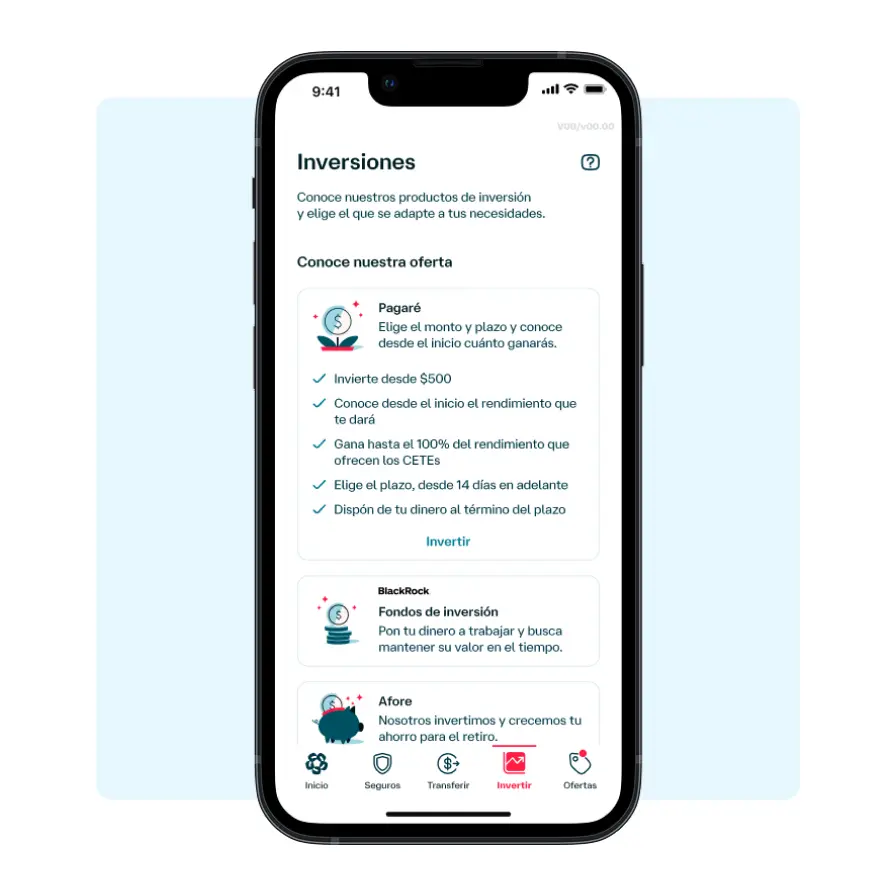 Pantalla de la app Banamex con opciones de inversión como pagarés, fondos de inversión y ahorro para el retiro desde el celular.