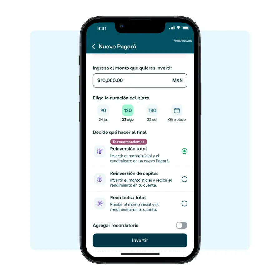 Pantalla de la app Banamex para configurar un pagaré, seleccionando plazo, monto y opciones de reinversión al vencimiento.