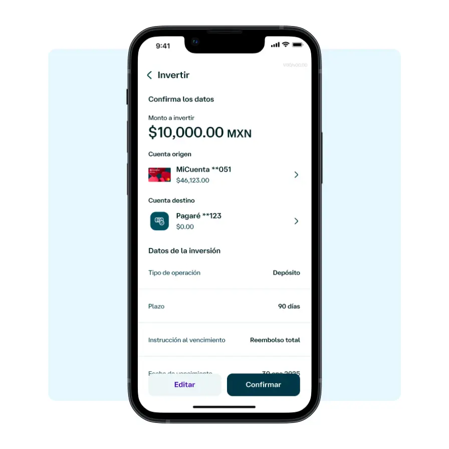 Pantalla de la app Banamex para confirmar una inversión en pagaré, mostrando monto, plazo, cuenta de origen y datos de la operación.