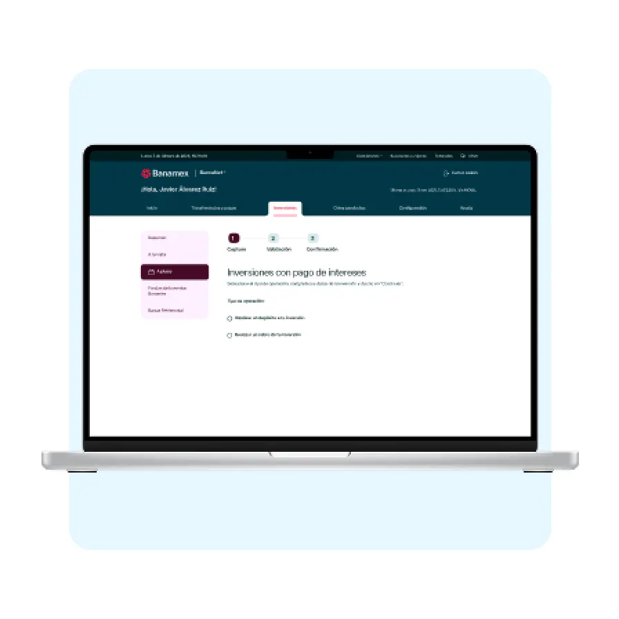 Portal Banamex en computadora portátil mostrando la contratación de inversiones con pago de intereses desde BancaNet Empresarial.
