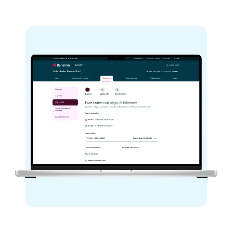 Portal Banamex Empresas para configurar una inversión con pago de intereses, seleccionando cuenta origen y condiciones de inversión.