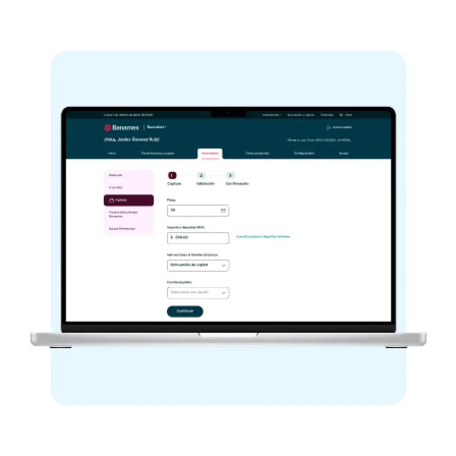 Portal Banamex Empresas para configurar una inversión empresarial, definiendo plazo, monto invertido y condiciones de pago de intereses.