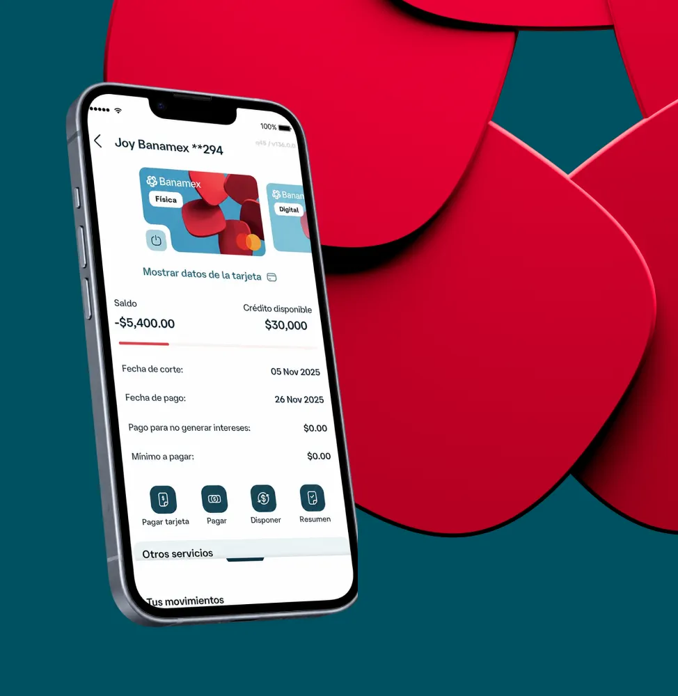 La pantalla de la App Banamex en un smartphone mostrando saldo, crédito disponible y opciones.