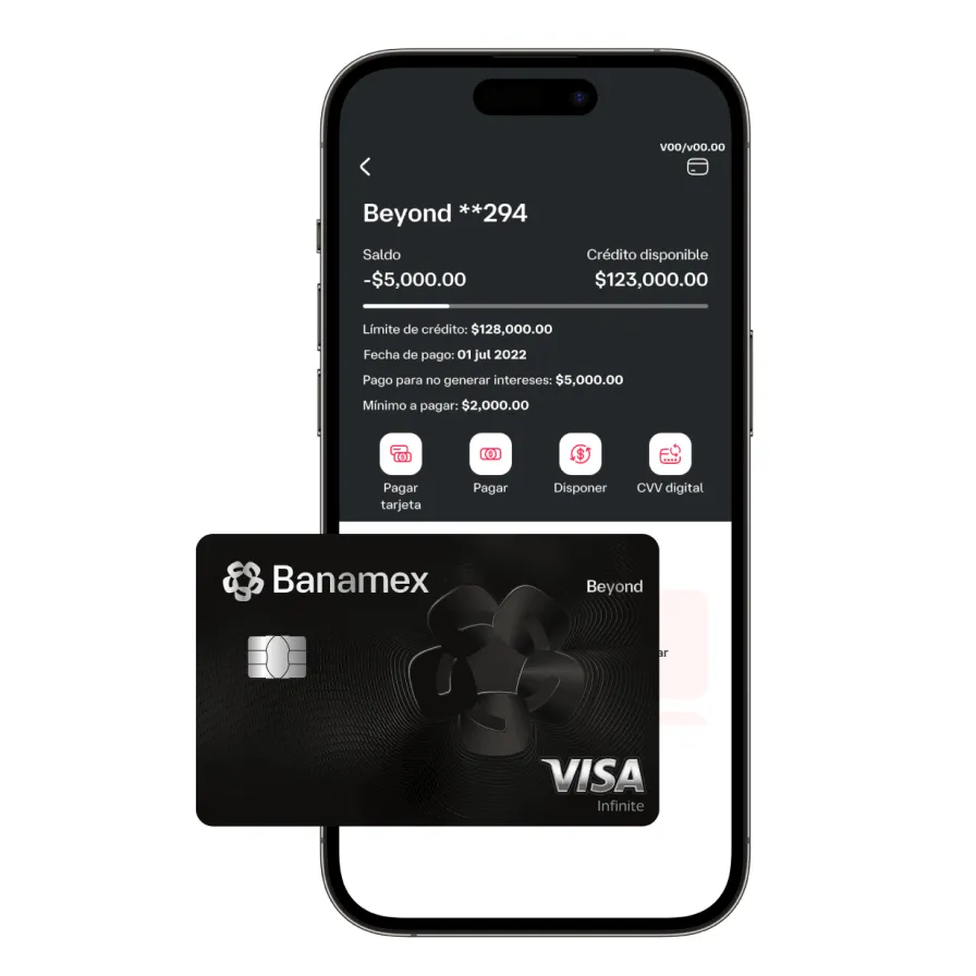 Pantalla de aplicación móvil Banamex con información de tarjeta de crédito Beyond Visa Infinite y saldo disponible.