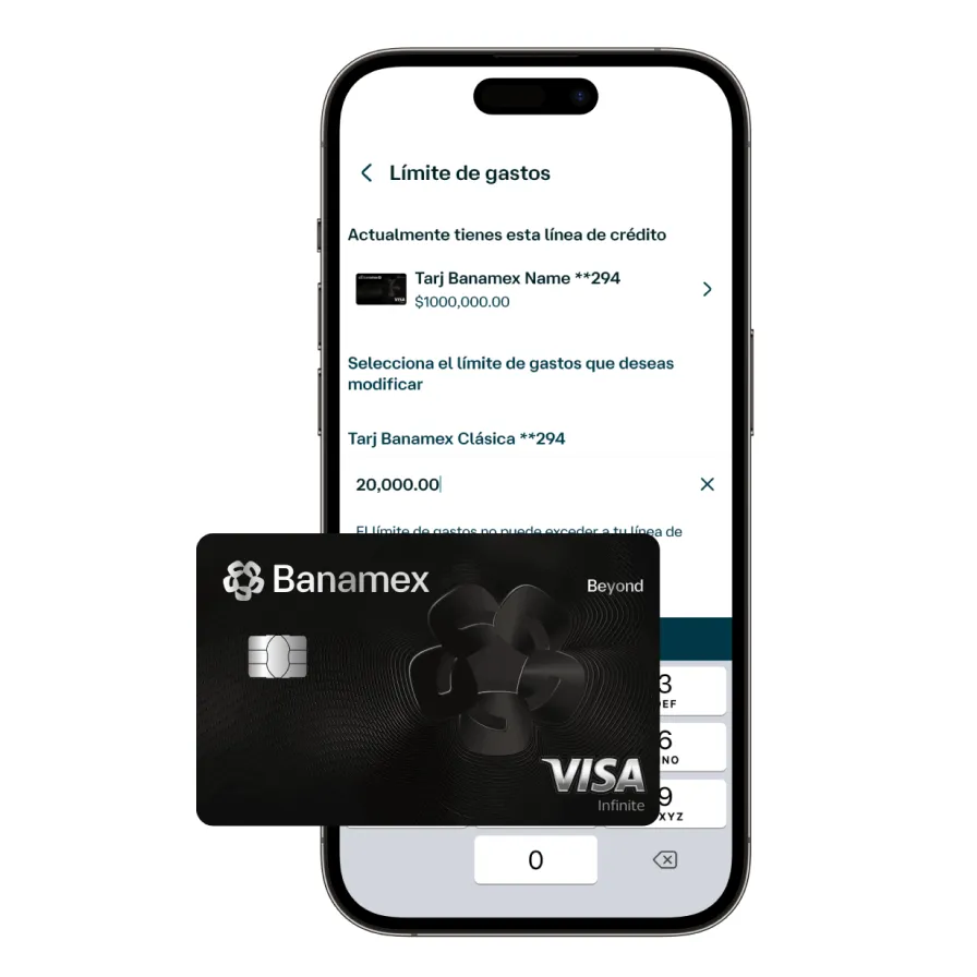 Aplicación móvil Banamex mostrando la opción para modificar el límite de gastos de una tarjeta de crédito.