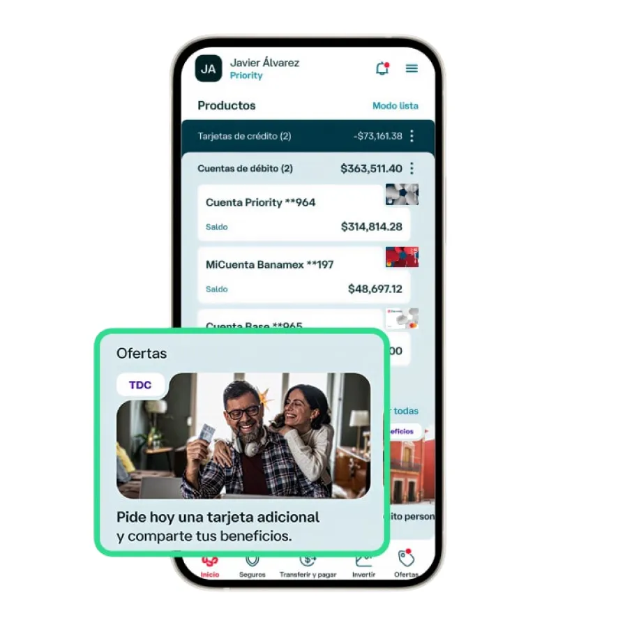 La pantalla de la App Banamex mostrando cómo solicitar una tarjeta adicional.