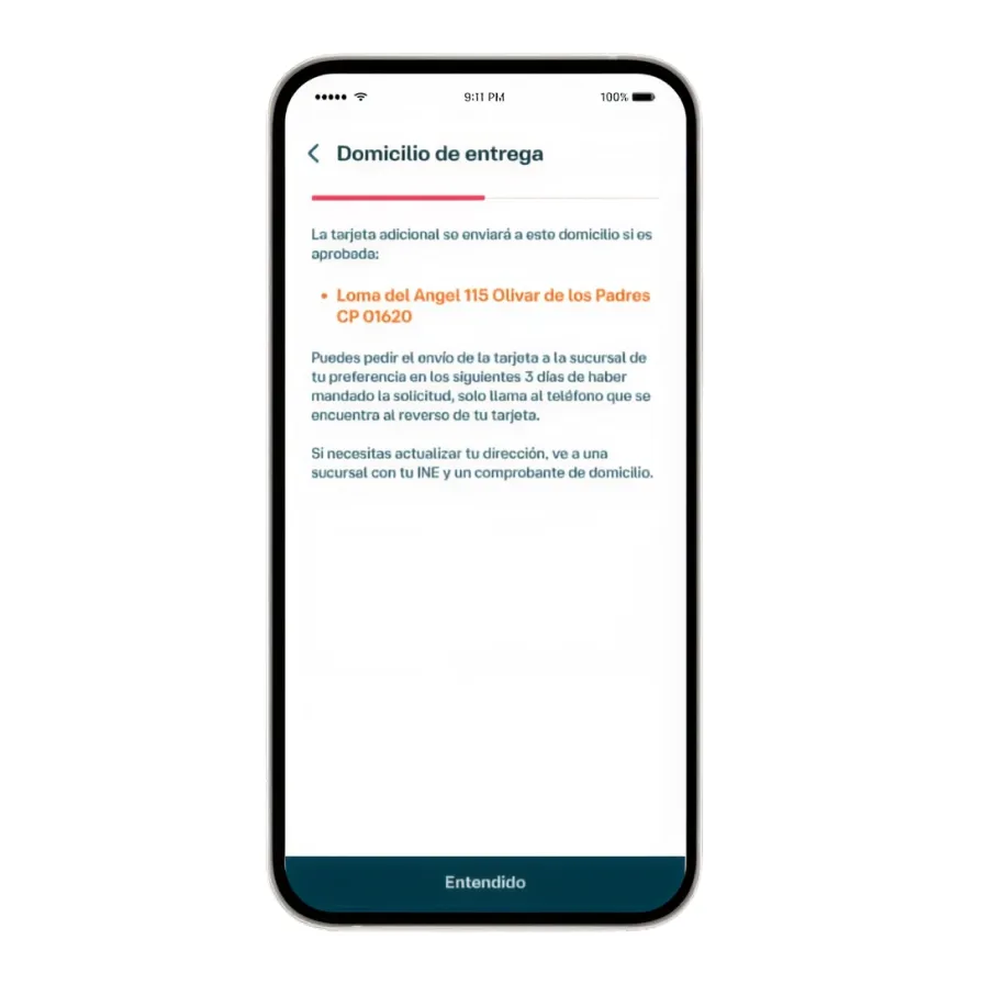 La pantalla de la App Banamex mostrando los datos de la entrega de la tarjeta adicional.