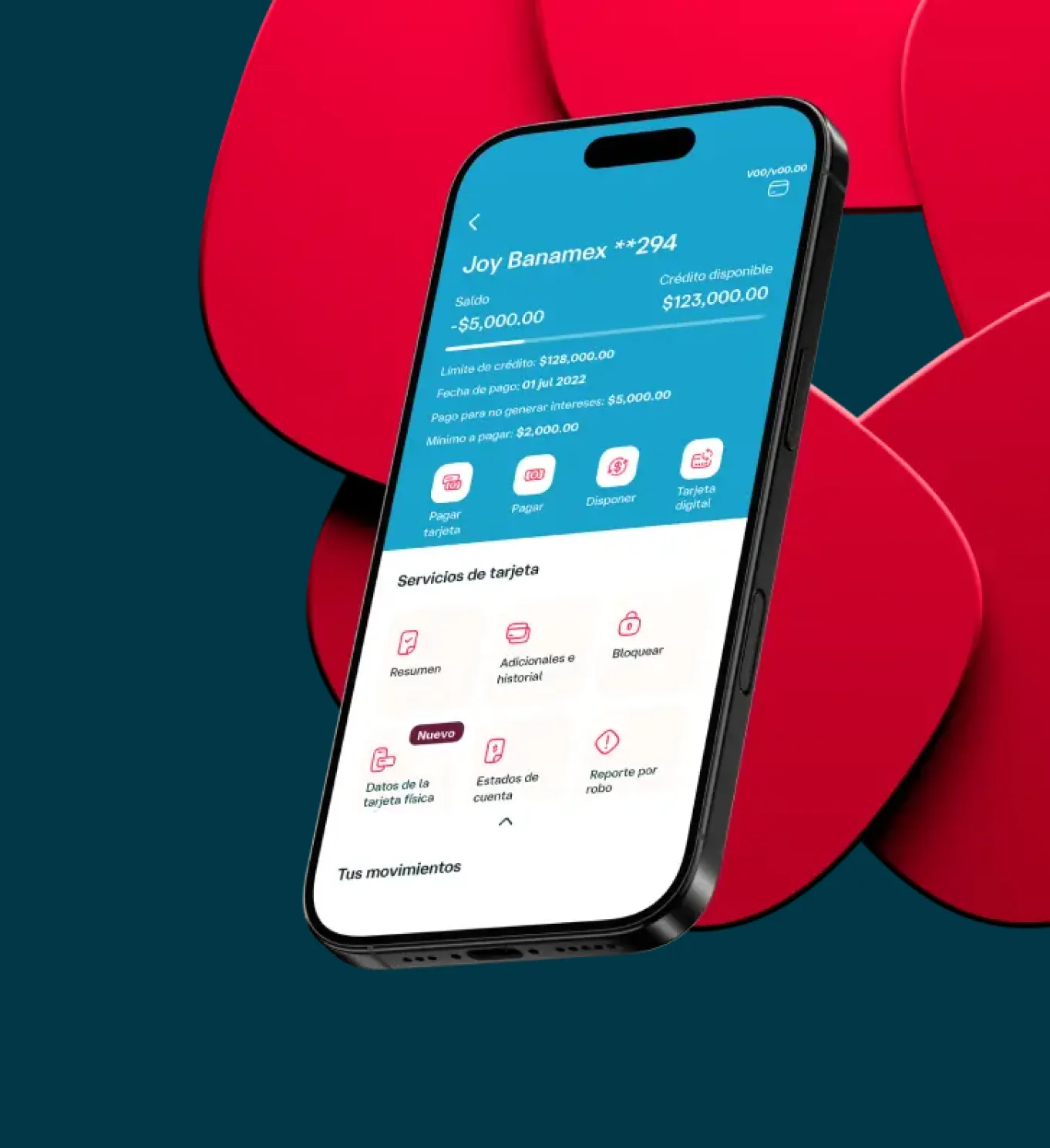 Un celular mostrando la información de la tarjeta Joy en la App Banamex, con la roseta Banamex de fondo.