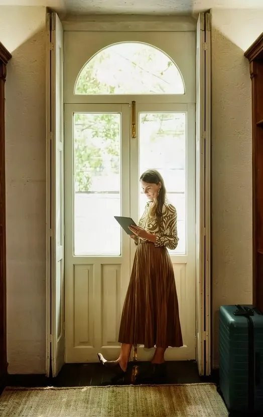 Una mujer leyendo frente a una puerta con ventanal grande.