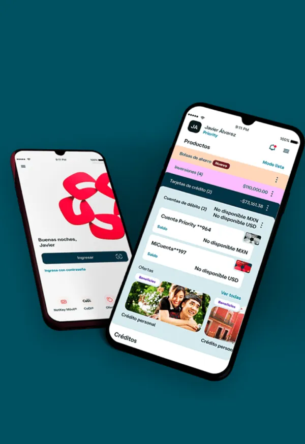 Pantallas de la app Banamex mostrando acceso seguro y administración de cuentas, inversiones y productos financieros desde el celular.