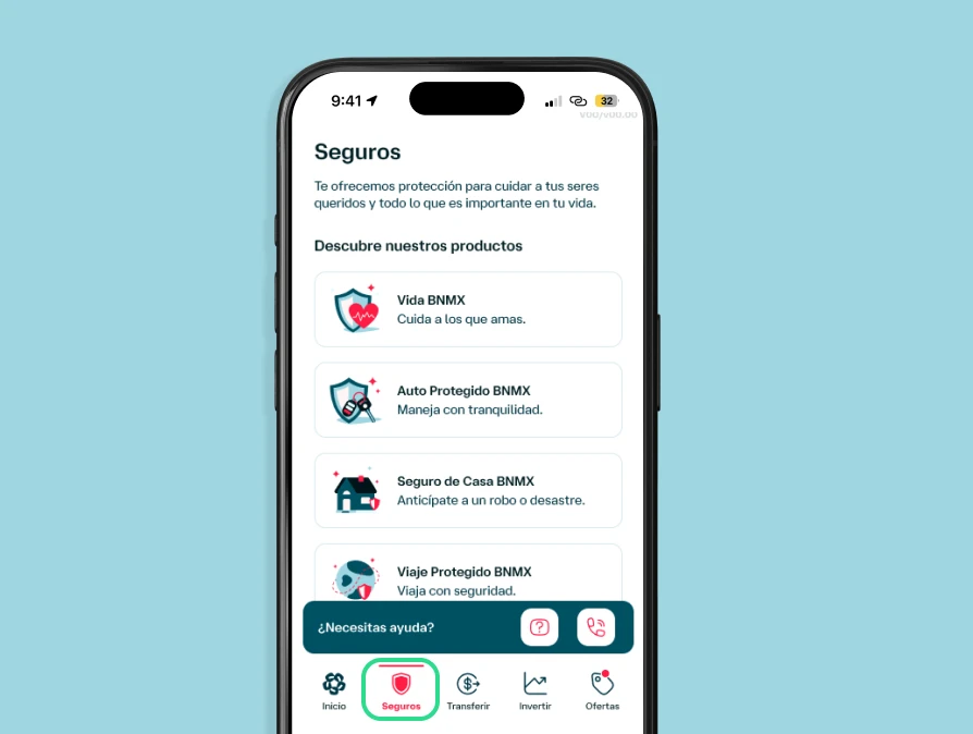 Pantalla de la app Banamex con catálogo de seguros digitales, incluyendo vida, auto, hogar y viaje, disponibles desde el celular.