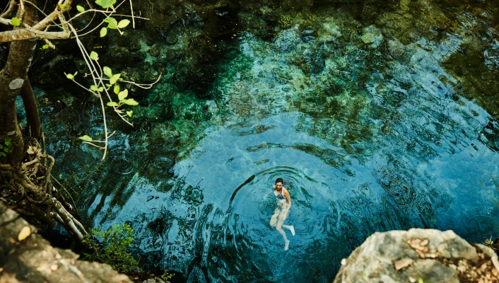 Persona nadando en un cenote de aguas cristalinas rodeado de vegetación, disfrutando una experiencia de naturaleza y bienestar.