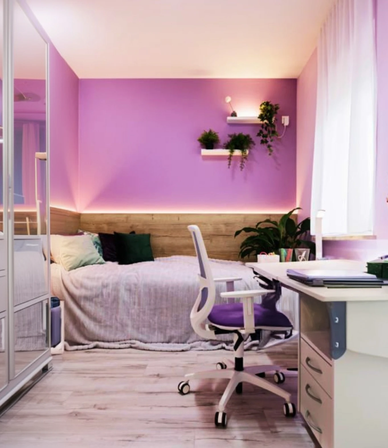 Habitación con escritorio, silla ergonómica y cama, diseñada para estudiar, trabajar desde casa y disfrutar un espacio cómodo y funcional.