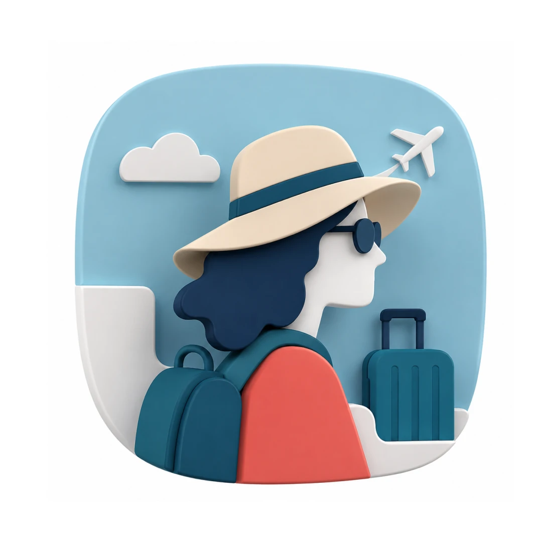 Ilustración de una persona con sombrero, equipaje y avión al fondo, representando viajes, vacaciones y protección durante desplazamientos.