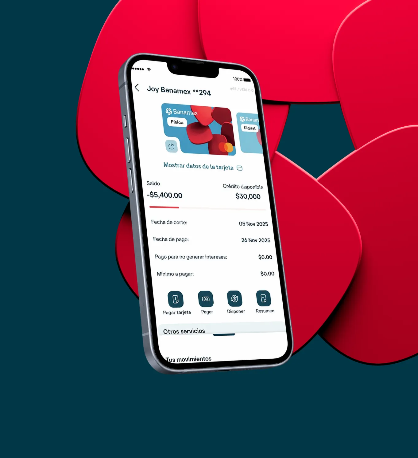 Un celular mostrando la información de la tarjeta Joy en la App Banamex, con la roseta Banamex de fondo.