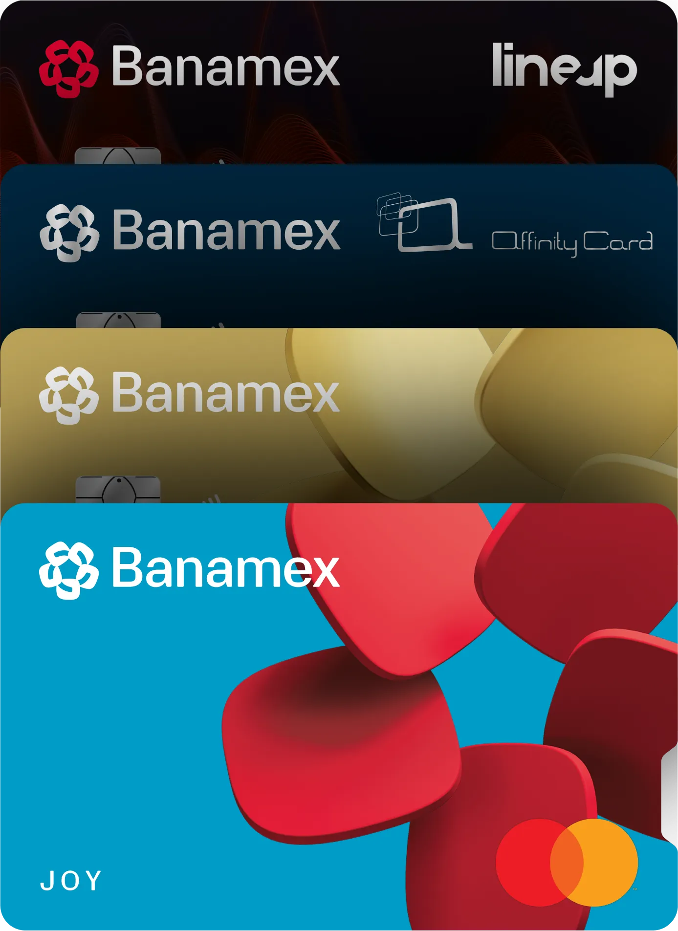 Abanico de tarjetas Affinity Card, Oro y Joy Banamex colocadas verticalmente.