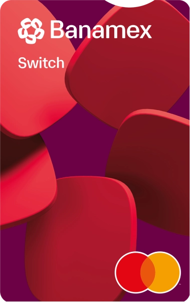 Tarjeta de débito digital Switch Banamex con fondo violeta.