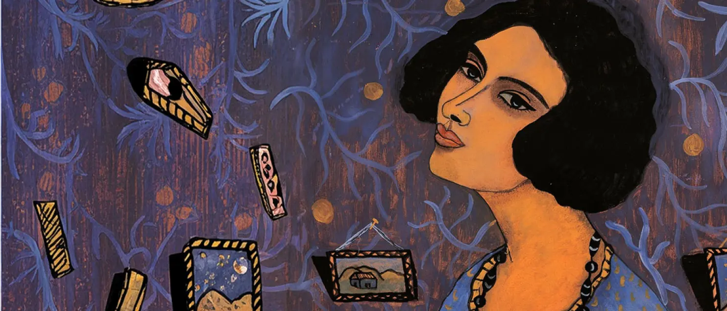 Obra artística de la colección del Palacio de los Condes de San Mateo de Valparaíso, con retrato femenino y elementos simbólicos decorativos.